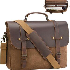 Mens Coffee Waxed Canvas Leather Laptop Messenger Bag with Removable Strap for 1